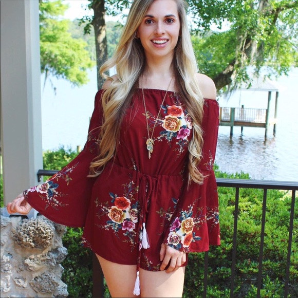 Wine Chiffon Flirty Floral Romper || Small - Picture 2 of 3